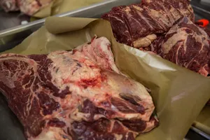 Fresh Red Meat On A Wooden Board Wallpaper