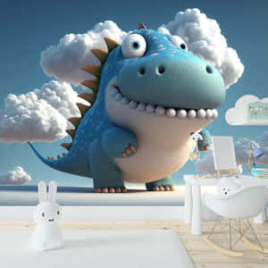 Friendly Blue Dinosaur Cartoon Character Wallpaper