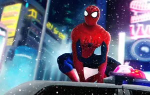 Friendly Neighborhood Spider-man Swinging Through The City Wallpaper