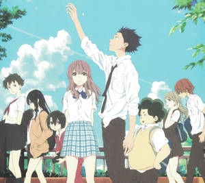 From Left To Right Shoya Ishida, Shukuya Nishimiya, Naoka Ueno, Miki Kawai, Naoka Ueno’s Mom, Tomohiro Nagatsu, Takuya Kurosawa And Yuzuru Nishimiya. Wallpaper