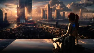 Future City Looking Girl Desktop Wallpaper