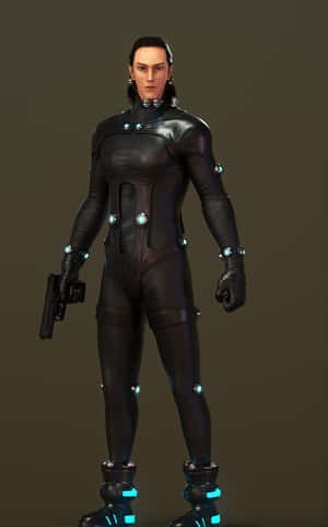 Futuristic Characterin Black Suitwith Blue Lights Wallpaper