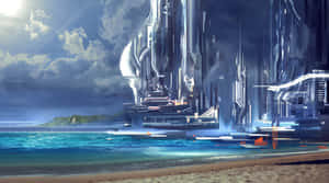 Futuristic City By The Beach Wallpaper