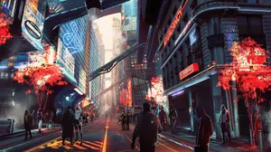 Futuristic_ Cityscape_with_ Flourishing_ Red_ Trees Wallpaper