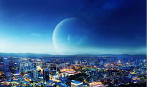 Futuristic Cityscapewith Oversized Moon Wallpaper