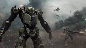 Futuristic Green Combat Robot In Action Wallpaper