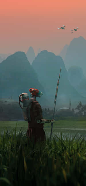 Futuristic Landscape With Robot Wallpaper