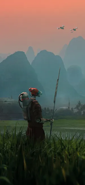 Futuristic Landscape With Robot Wallpaper