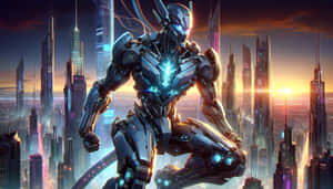 Futuristic Mecha Guardian Overlooking Cityscape Wallpaper