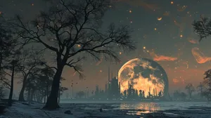 Futuristic_ Moonset_ Over_ Cityscape Wallpaper