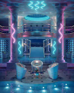 Futuristic Neon Lounge Area Wallpaper