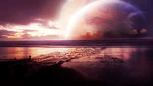 Futuristic Sci-fi Beach At Dusk Wallpaper