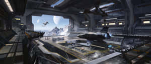 Futuristic Spaceship Hangar Interior Wallpaper