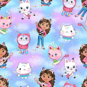 Gabby Dollhouse Characters Pattern Wallpaper