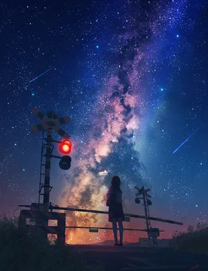 Galaxy Sky Girl Near Traffic Light Wallpaper