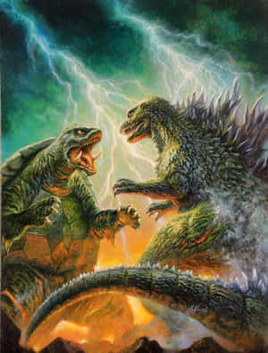 Gamera, The Giant Guardian Monster Standing Tall Amid A Fiery Cityscape Wallpaper