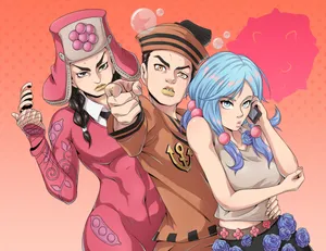 Gappy And Yasuho Of Jojolion In Stylish Outfits Amidst A Purple And Blue Background Wallpaper
