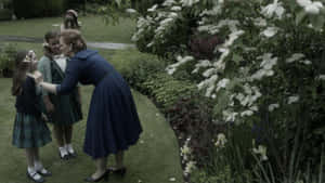 Garden Interaction Vintage Scene Wallpaper