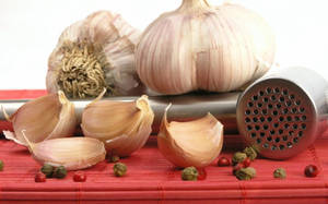 Garlic Vegetable With Metal Mortar Wallpaper