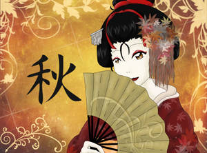 Geisha With Gold Fan Wallpaper