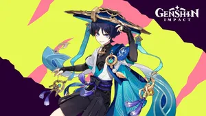 Genshin Impact Characterwith Blue Hairand Hat Wallpaper