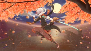 Genshin Impact Kazuha With Green Lightning Blade Wallpaper