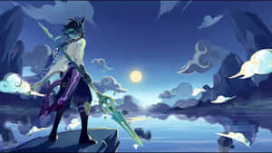 Genshin Impact Moonlit Lakeand Warrior Wallpaper