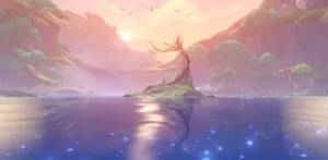 Genshin_ Impact_ Serene_ Lake_ Sunset Wallpaper