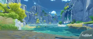 Genshin Impact_ Serene Waterfall Oasis Wallpaper