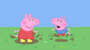 George And Peppa Pig Jumping In A Puddle Wallpaper