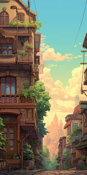 Ghibli Inspired Cobblestone Street Wallpaper