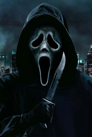 Ghostface Holding Knife Night City Backdrop Wallpaper