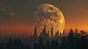 Giant Moon Over City Sunset Wallpaper