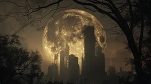 Gigantic Moon Over Cityscape Wallpaper
