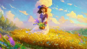 Girl Anime Cutting Flowers Wallpaper