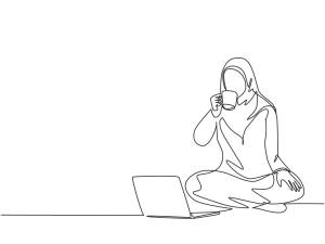 Girl Coffee And Laptop Line Art Wallpaper