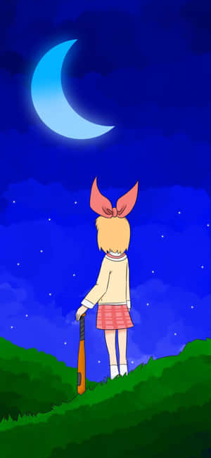 Girl Gazingat Crescent Moon Wallpaper