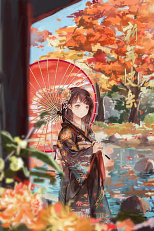 Girl In Kimono With Umbrella Fall Anime Wallpaper