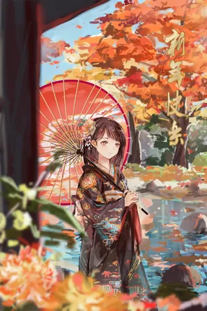 Girl In Kimono With Umbrella Fall Anime Wallpaper