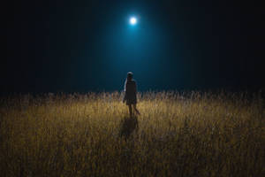 Girl On Grassy Field Moonlight 4k Wallpaper