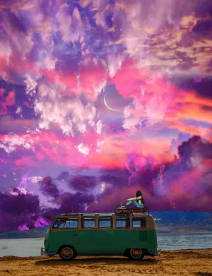 Girl On Volkswagen Van Trippy Aesthetic Cloud Wallpaper