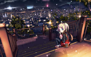 Girl On Wooden Stairs Night Anime Wallpaper