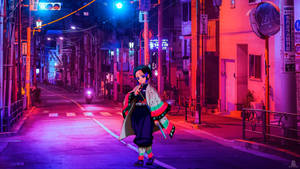 Girl Posing In Anime Night City Wallpaper