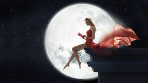 Girl Reading Book In Full Moon Wallpaper