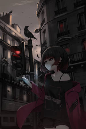 Girl With A Crow Anime Phone Wallpaper