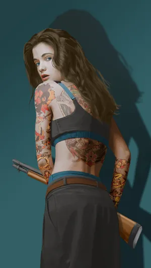 Girl With Hd Tattoo And Gun Wallpaper