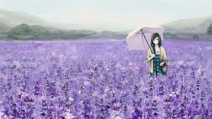 Girlin Lavender Fieldwith Umbrella Wallpaper