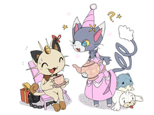 Glameow Meowth Serving Tea Wallpaper