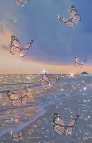 Glittering Butterflies Over Cityscape Wallpaper
