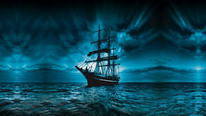 Glowing Blue Pirate Ship Wallpaper